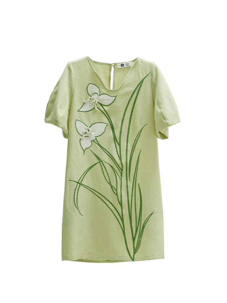 Embroidered Appliqué Pearl Puff Sleeve Dress